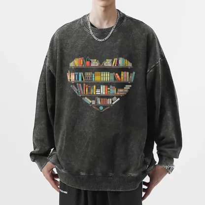 Pagewings Heart Bookshelves Unisex Washed Sweatshirt