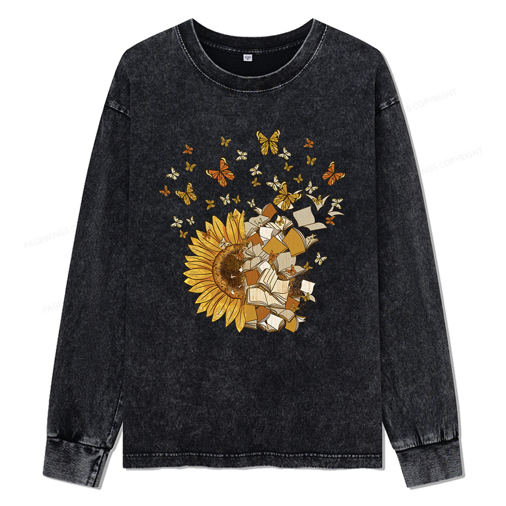 Pagewings Sunflower And Book Harmony Unisex Washed Long Sleeve T-shirt