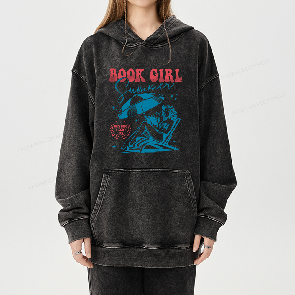 Pagewings Book Girl Summer Unisex Washed Hoodie
