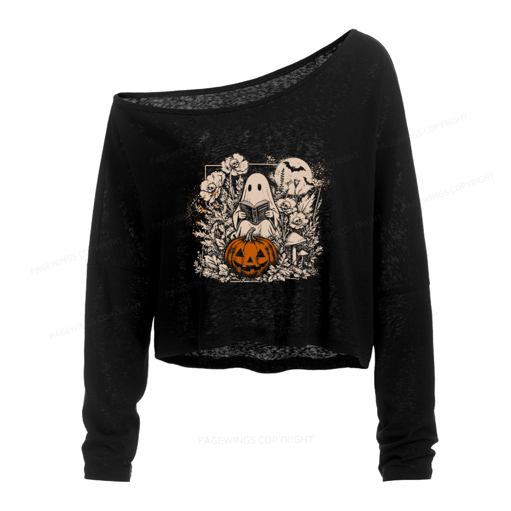 Pagewings Halloween Fall Ghost Slouchy Long Sleeve Off Shoulder T-shirt