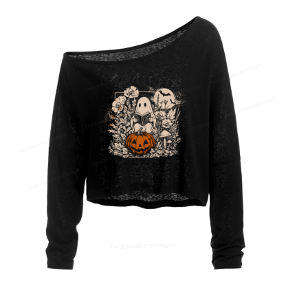 Pagewings Halloween Fall Ghost Slouchy Long Sleeve Off Shoulder T-shirt