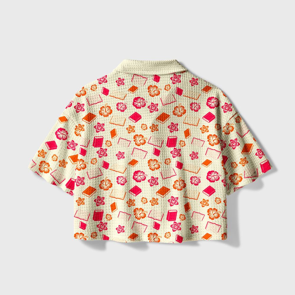 Pagewings Aloha Floral Bookish Library  Camp Collar Boxy Fit Unisex Crochet Shirt