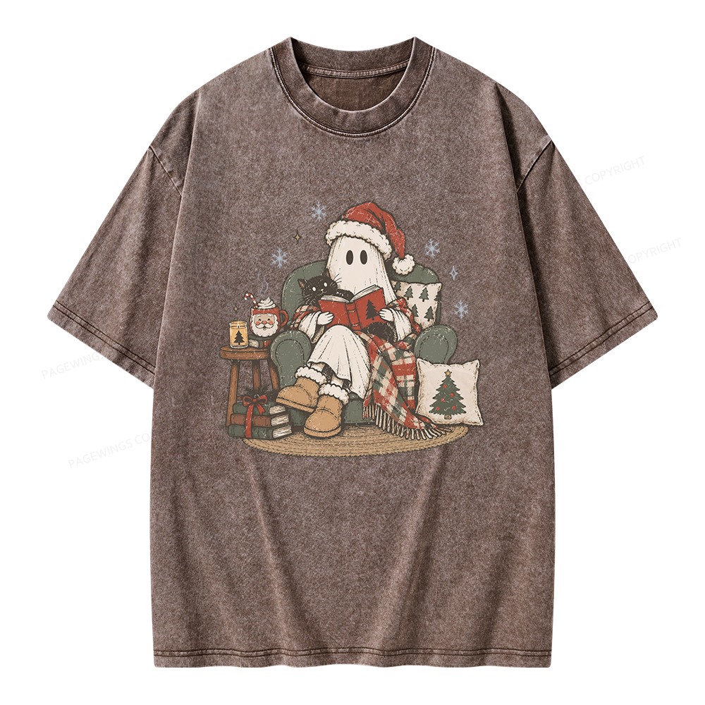 Pagewings Christmas Ghost Reading Unisex Washed T-shirt