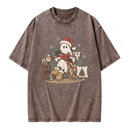 Pagewings Christmas Ghost Reading Unisex Washed T-shirt