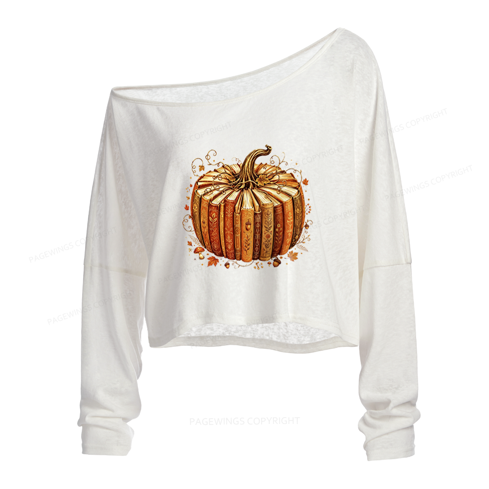 Pagewings Fall Book Pumpkin Slouchy Long Sleeve Off Shoulder T-shirt