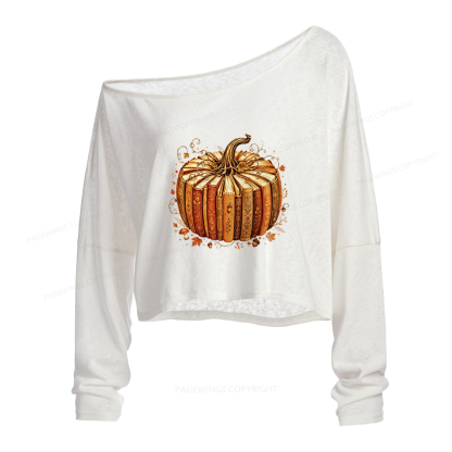 Pagewings Fall Book Pumpkin Slouchy Long Sleeve Off Shoulder T-shirt