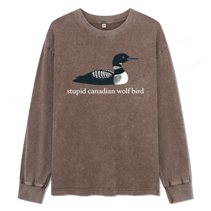 Pagewings Stupid Canadian Wolf Bird Unisex Washed Long Sleeve T-shirt