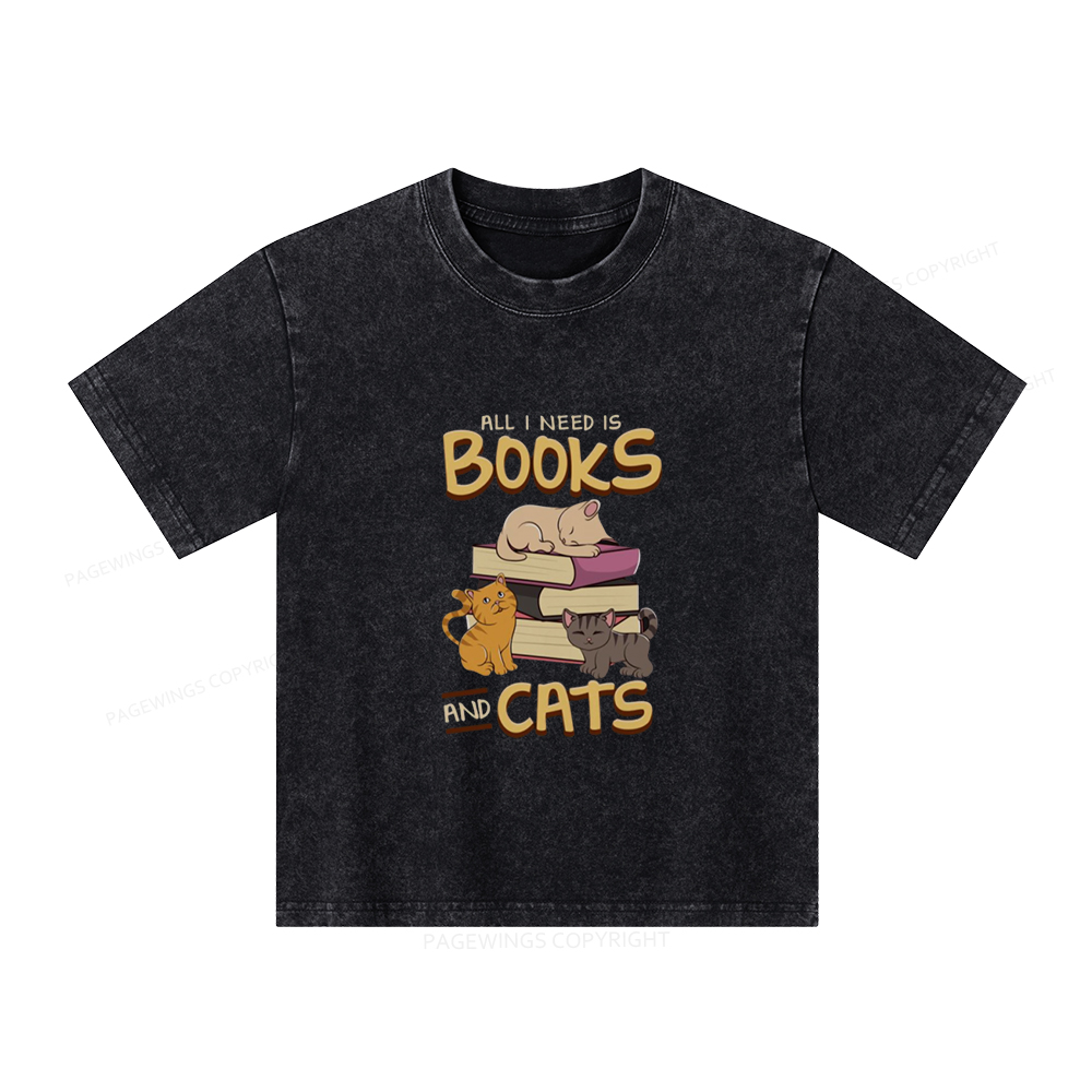 Pagewings All I Need Is Books And Cats Unisex Kids Washed T-shirt
