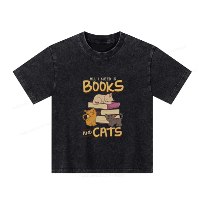 Pagewings All I Need Is Books And Cats Unisex Kids Washed T-shirt