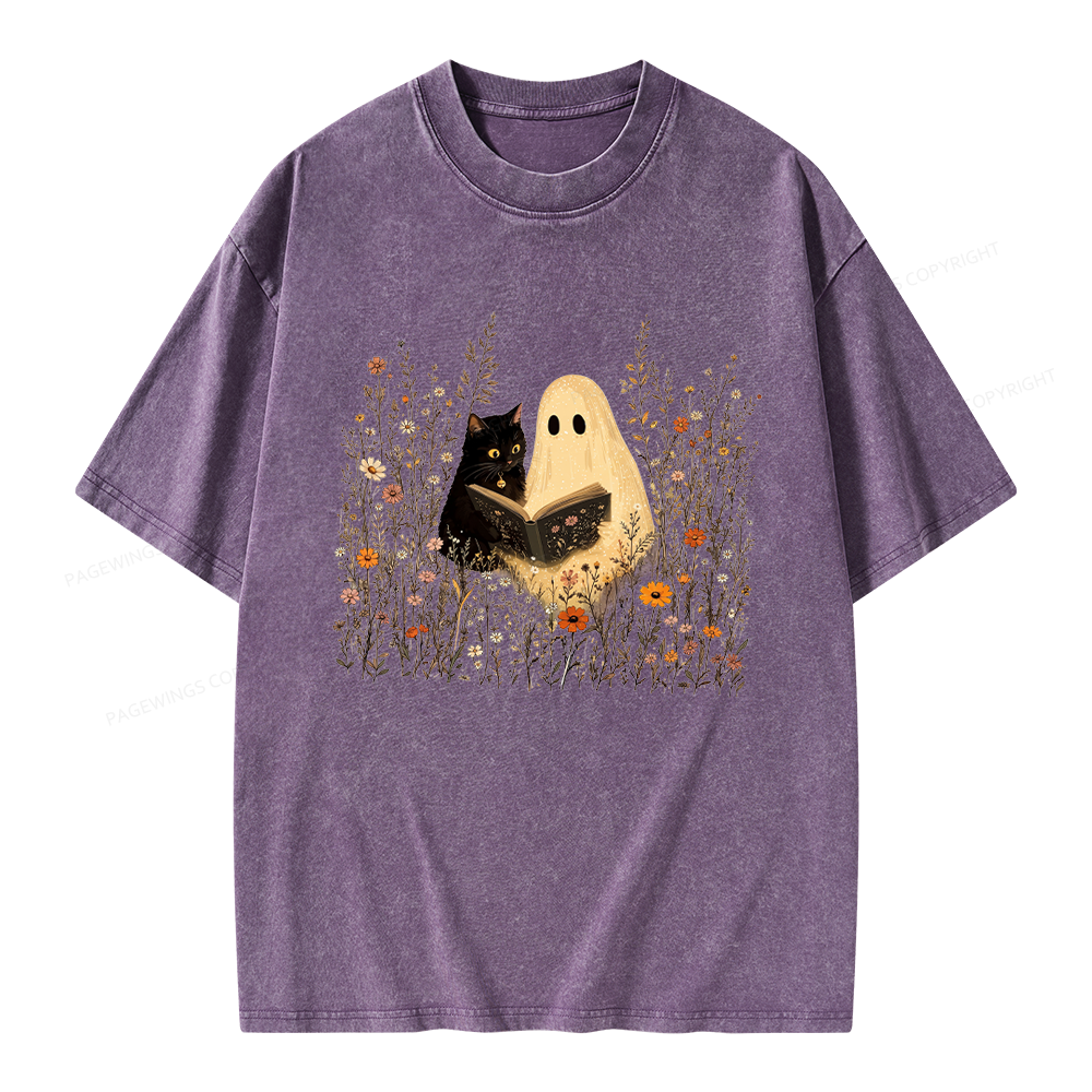 Pagewings Ghost Black Cat Reading Unisex Washed T-shirt