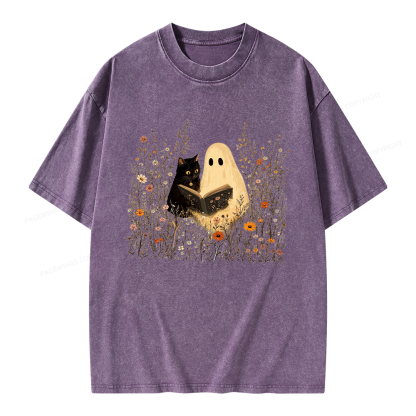 Pagewings Ghost Black Cat Reading Unisex Washed T-shirt