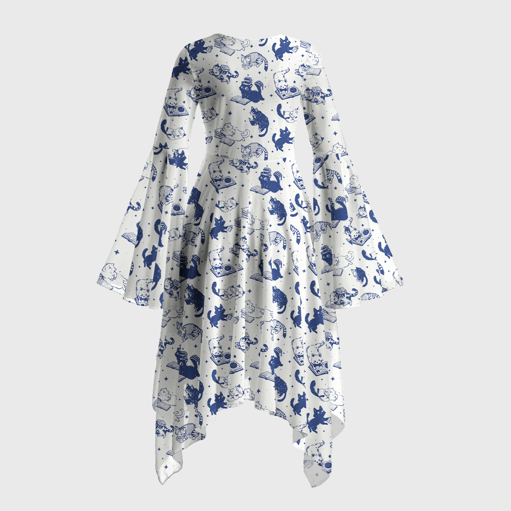 Pagewings Cat Book Lover Bell Sleeve Dress
