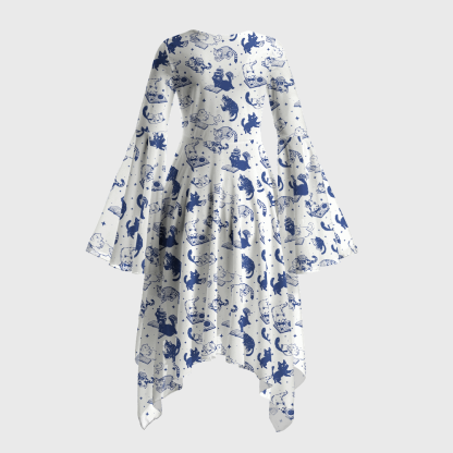 Pagewings Cat Book Lover Bell Sleeve Dress