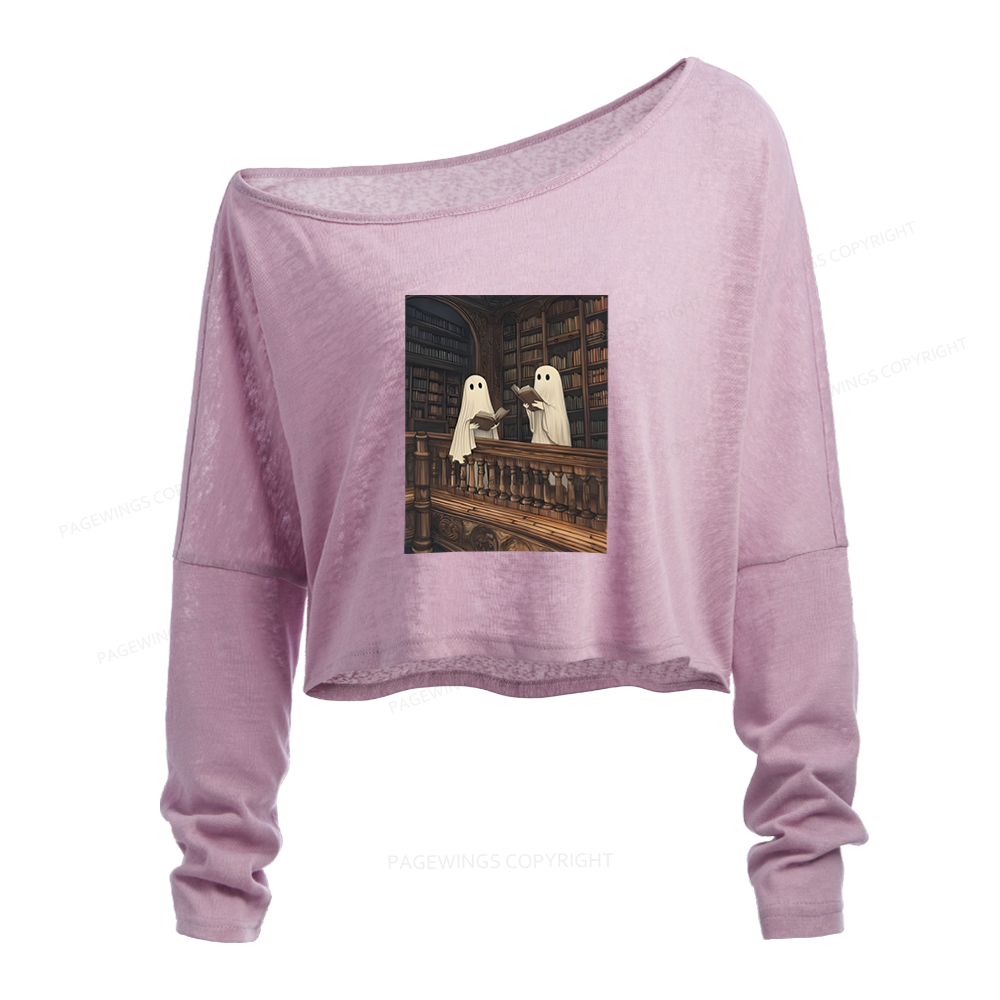 Pagewings Halloween Ghost Reading Slouchy Long Sleeve Off Shoulder T-shirt