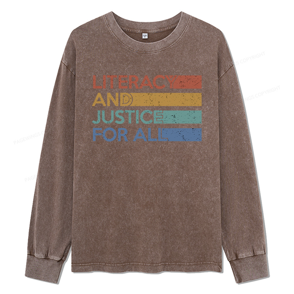 Pagewings Literacy and Justice For All Unisex Washed Long Sleeve T-shirt