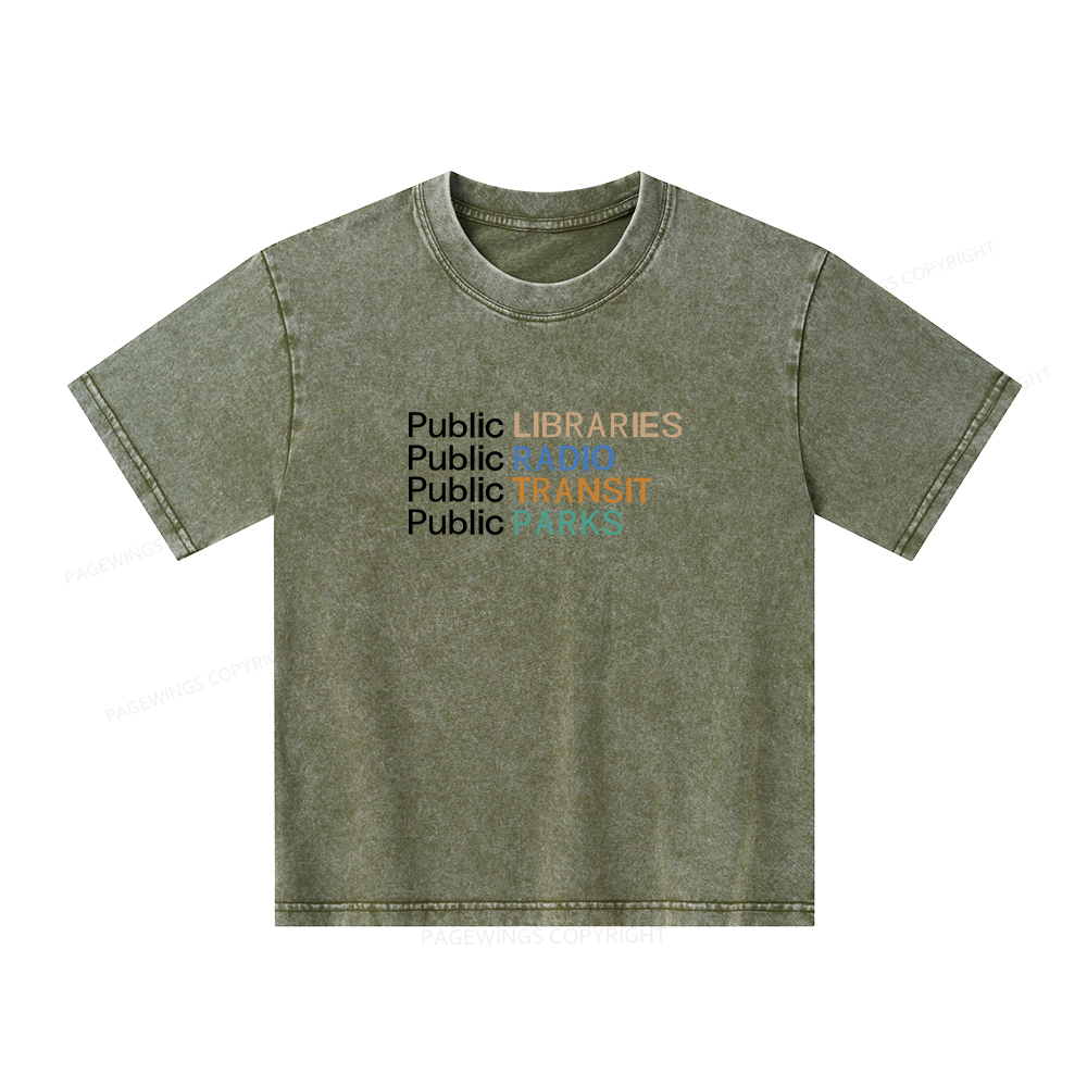 Pagewings Public Libraries Radio Transit Parks Unisex Kids Washed T-shirt