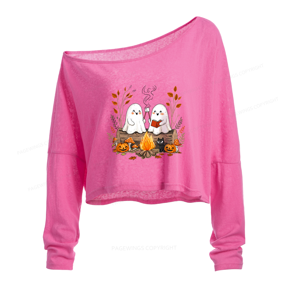 Pagewings Cute Ghost Halloween Slouchy Long Sleeve Off Shoulder T-shirt