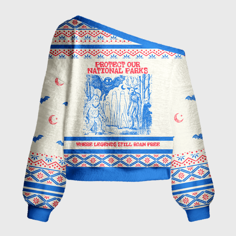 Pagewings Protect Our National Parks Off Shoulder Ugly Knit Sweater