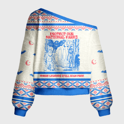 Pagewings Protect Our National Parks Off Shoulder Ugly Knit Sweater