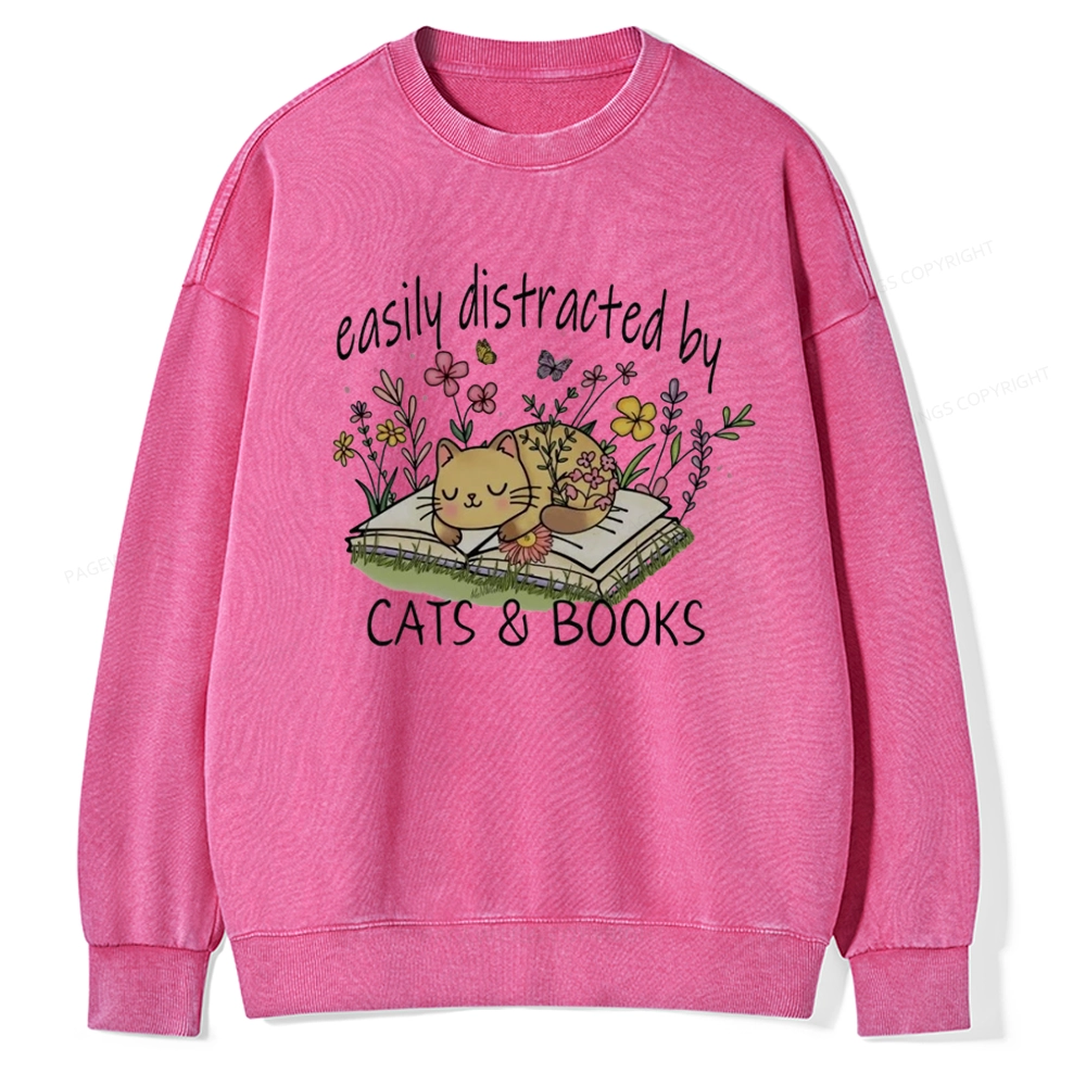 Pagewings Easily Distracted By Cats And Books Unisex Washed Sweatshirt