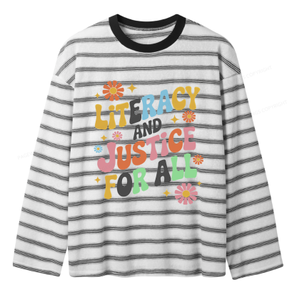 Pagewings Literacy And Justice For All Unisex Striped Long Sleeve T-Shirt