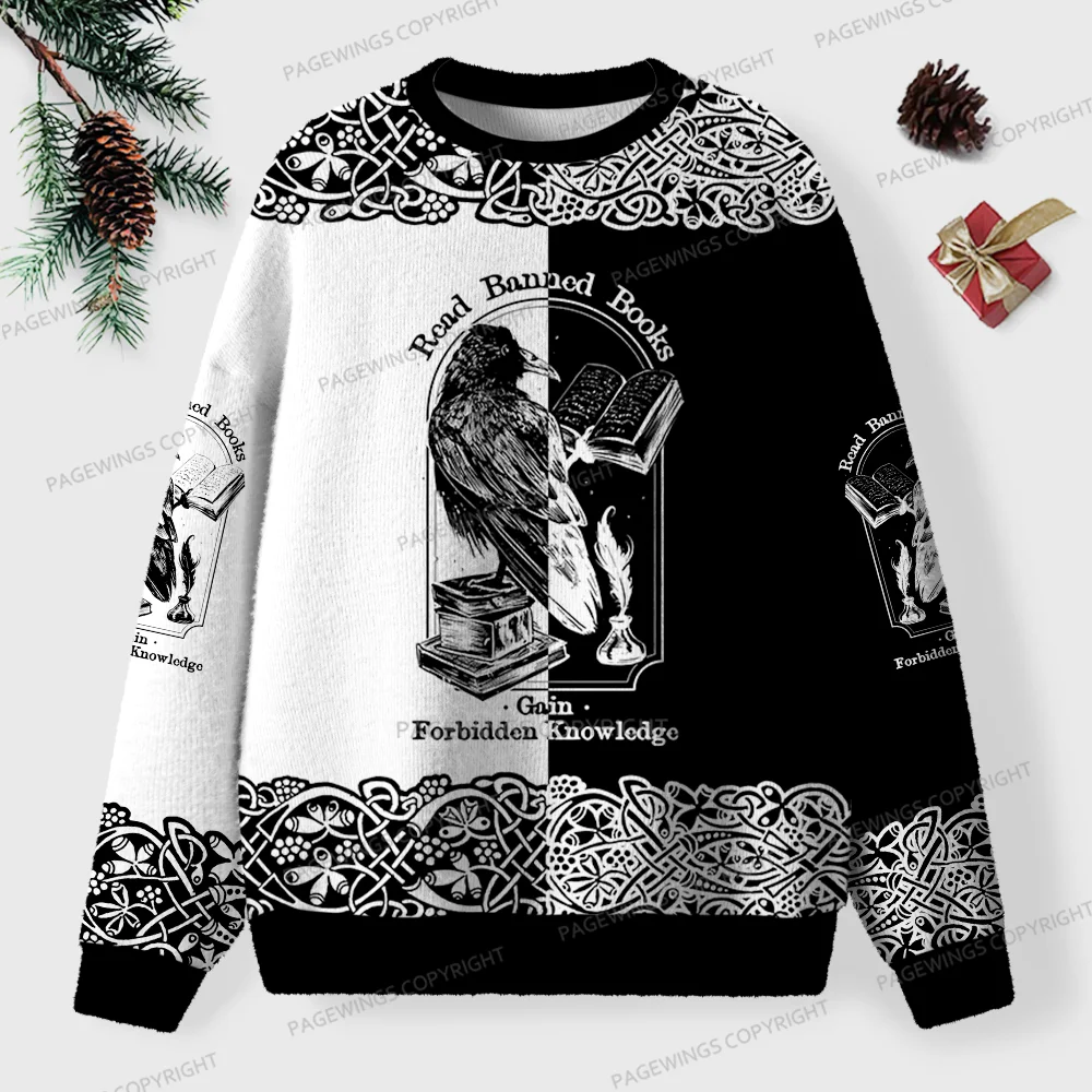 Pagewings Read Banned Books Gain Forbidden Knowledge Unisex Ugly Knit Sweatshirt