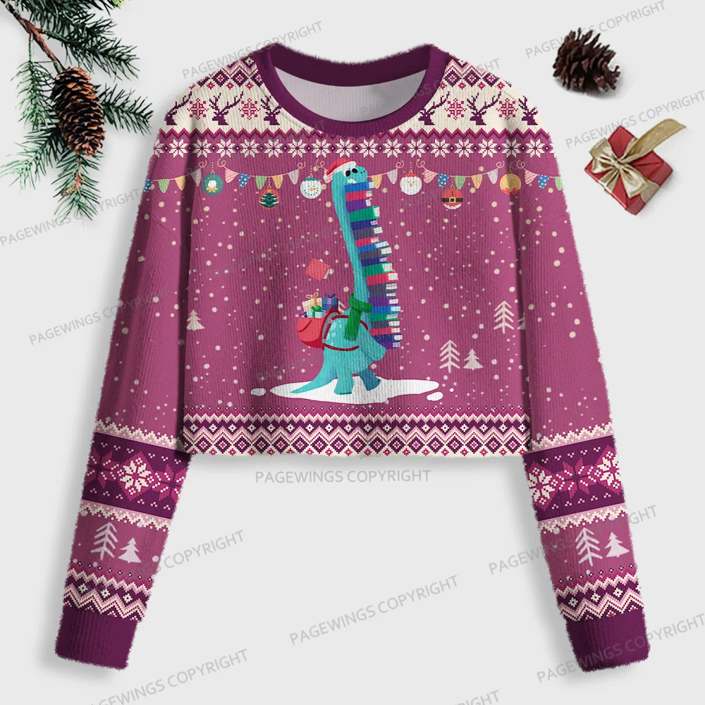 Pagewings Dinosaur Reading Women Ugly Crop Sweatshirt