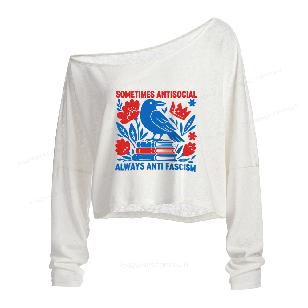 Pagewings Anti Fascism Slouchy Long Sleeve Off Shoulder T-shirt