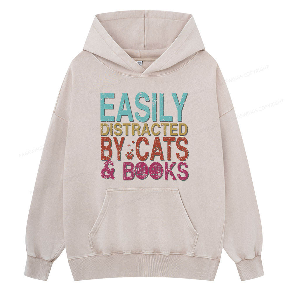 Pagewings Easily Distracted By Cats And Books Unisex Washed Hoodie