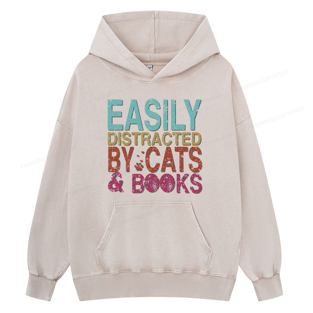 Pagewings Easily Distracted By Cats And Books Unisex Washed Hoodie