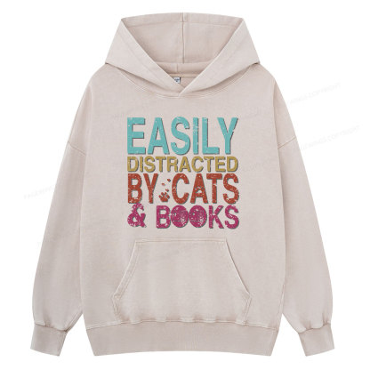 Pagewings Easily Distracted By Cats And Books Unisex Washed Hoodie