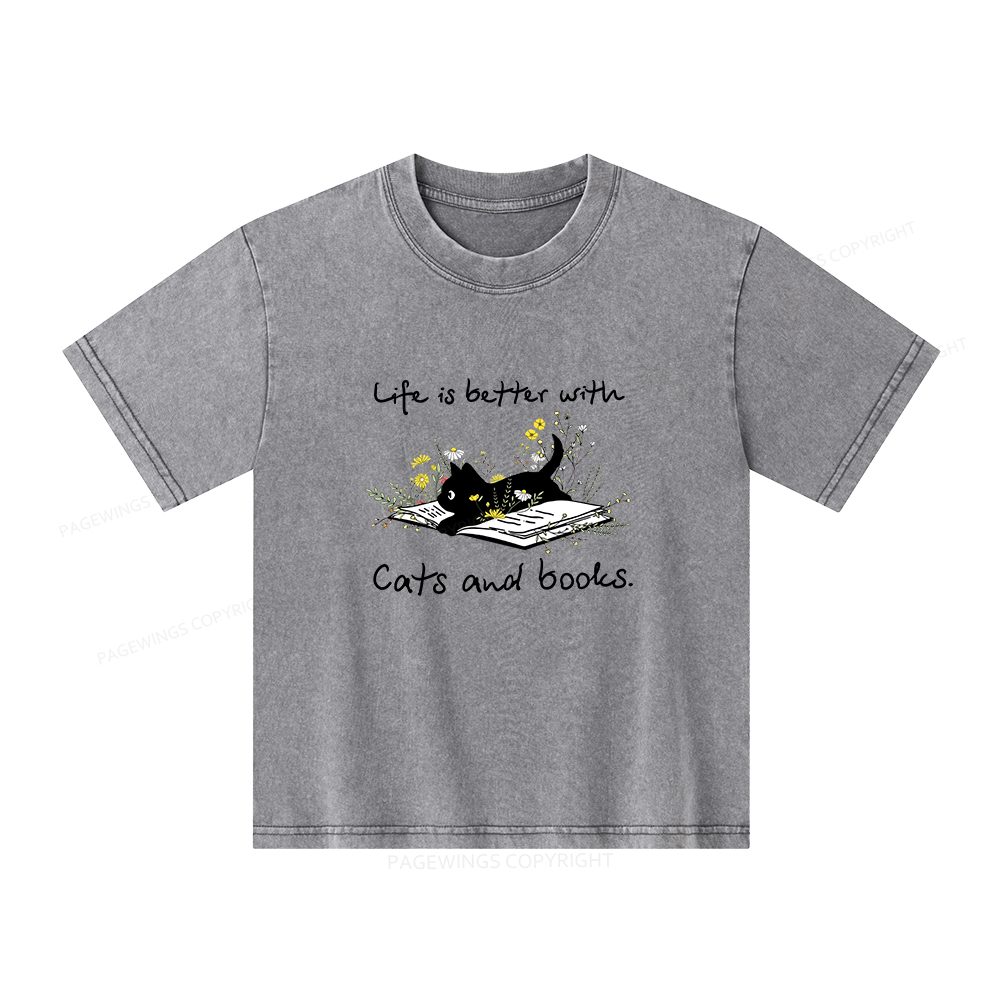 Pagewings Life Is Better With Cats And Books Unisex Kids Washed T-shirt