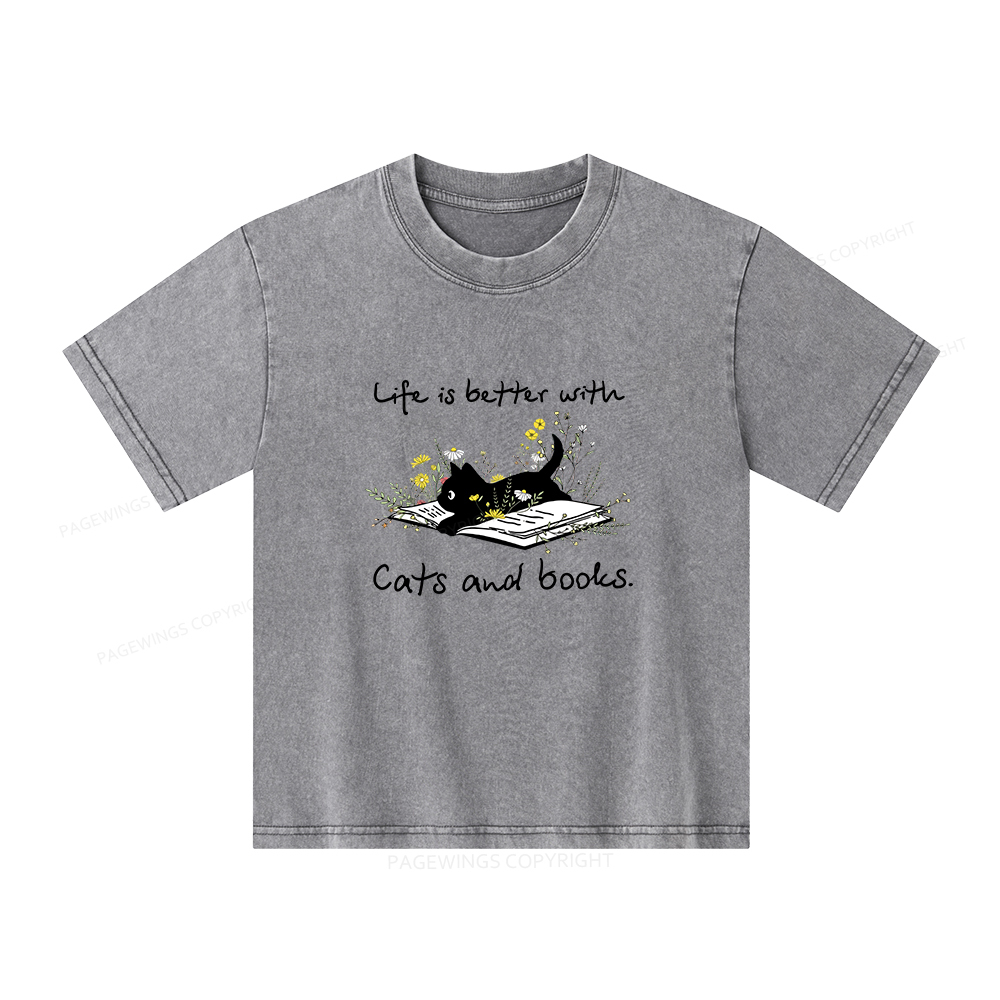 Pagewings Life Is Better With Cats And Books Unisex Kids Washed T-shirt