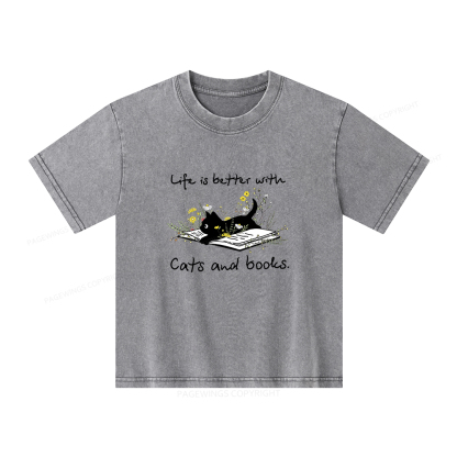 Pagewings Life Is Better With Cats And Books Unisex Kids Washed T-shirt