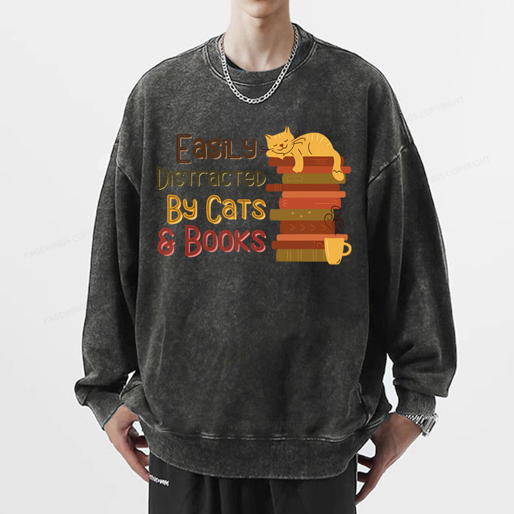 Pagewings Easily Distracted By Cats and Books Unisex Washed Sweatshirt