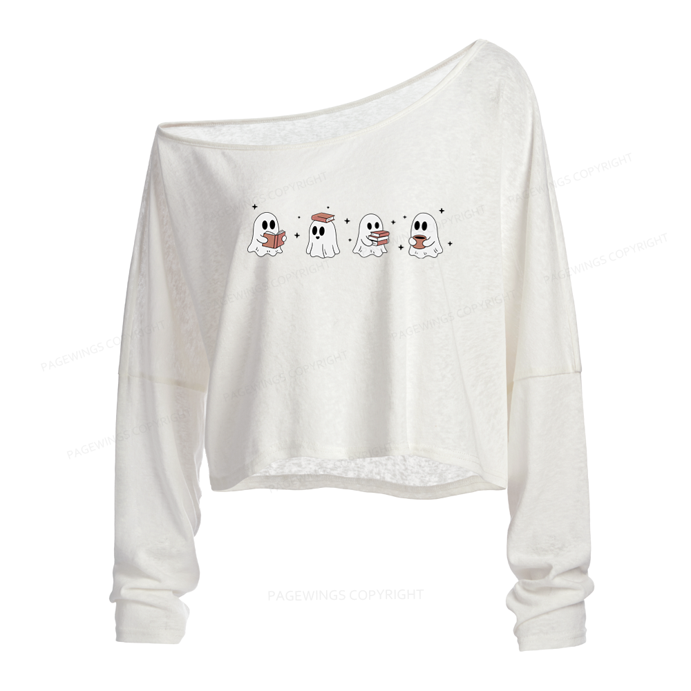 Pagewings Bookish Ghost Slouchy Long Sleeve Off Shoulder T-shirt