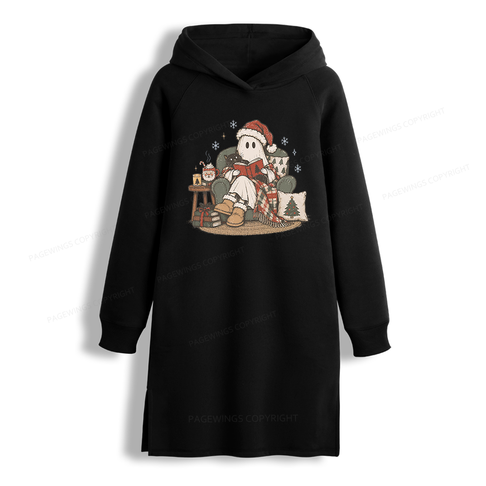 Pagewings Christmas Ghost Reading Side-Slit Fleece Hoodie Dress
