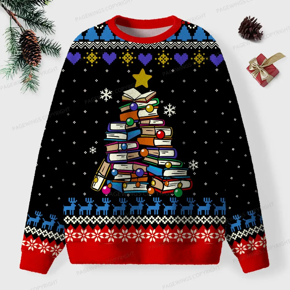 Pagewings Christmas Tree Book Unisex Ugly Knit Sweatshirt