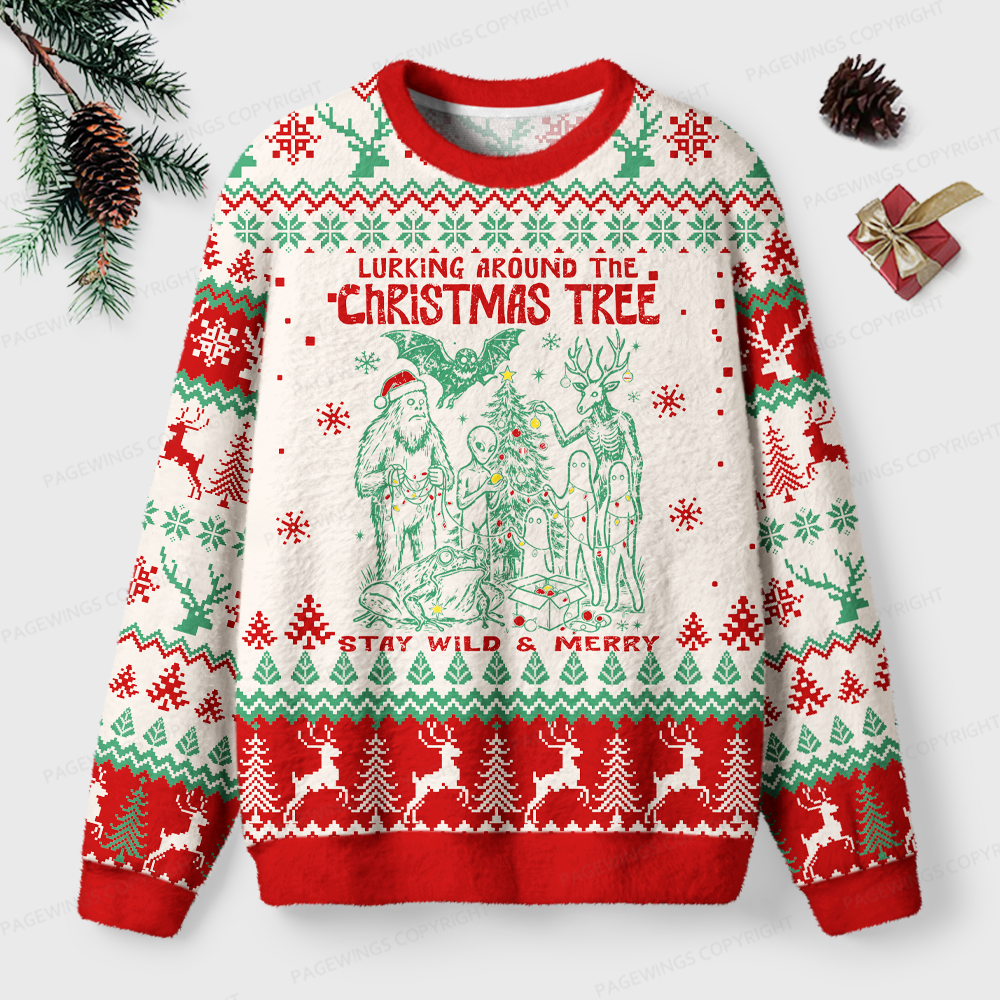 Pagewings Lurking Around The Christmas Tree Unisex Ugly Light Knit Sweatshirt