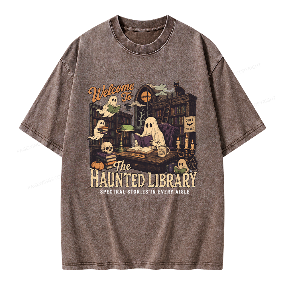 Pagewings Haunted Library Unisex Washed T-shirt