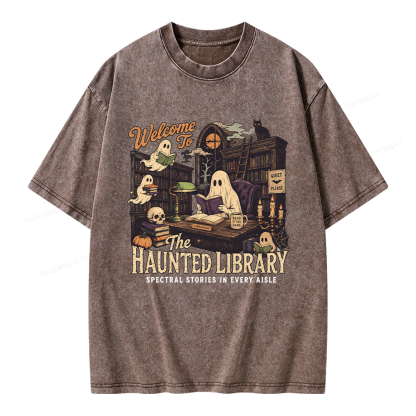 Pagewings Haunted Library Unisex Washed T-shirt