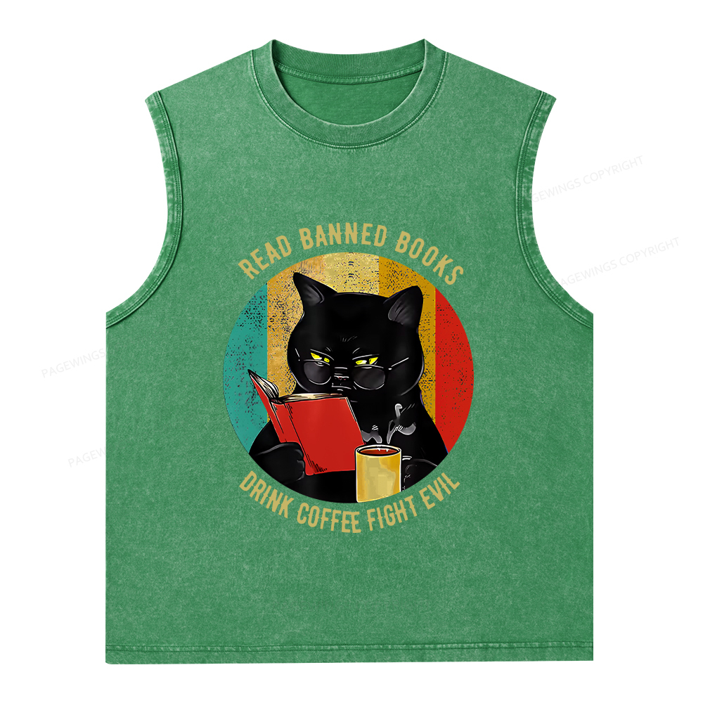 Pagewings Read Banned Books Drink Coffee Fight Evil Retro Cat Lovers T-Shirt Unisex Washed Tank Top