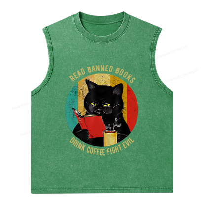 Pagewings Read Banned Books Drink Coffee Fight Evil Retro Cat Lovers T-Shirt Unisex Washed Tank Top