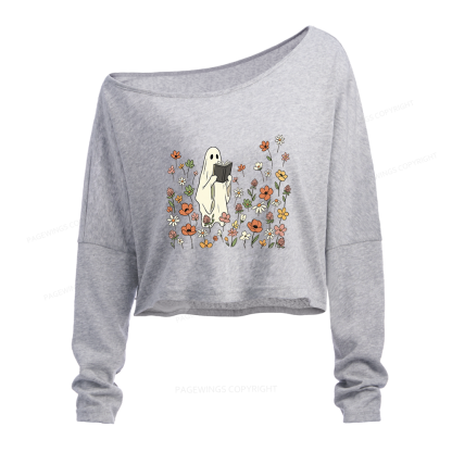 Pagewing Reading Ghost Slouchy Long Sleeve Off Shoulder T-shirt