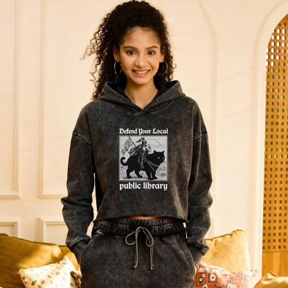 Pagewings Defend Your Local public library Washed Crop Hoodie