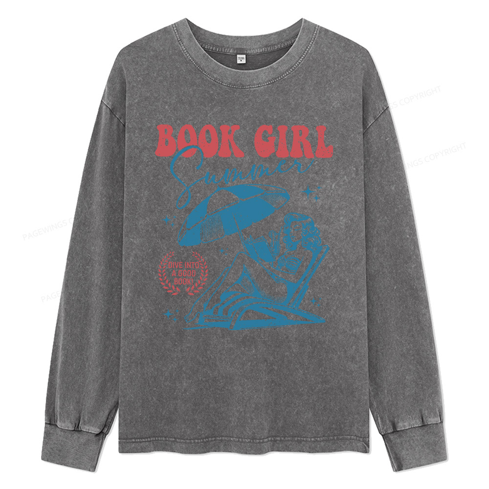 Pagewings Book Girl Summer Unisex Washed Long Sleeve T-shirt
