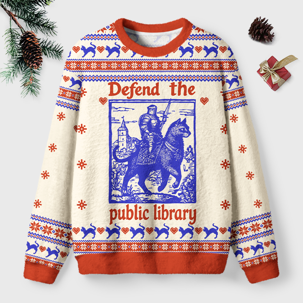 Pagewings Defend The Public Library Unisex Ugly Light Knit Sweatshirt