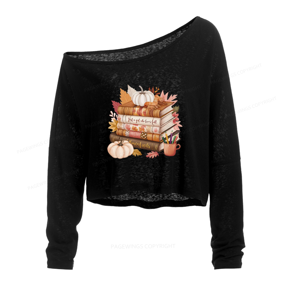 Pagewings Thanksgiving Fall Pumpkin Slouchy Long Sleeve Off Shoulder T-shirt