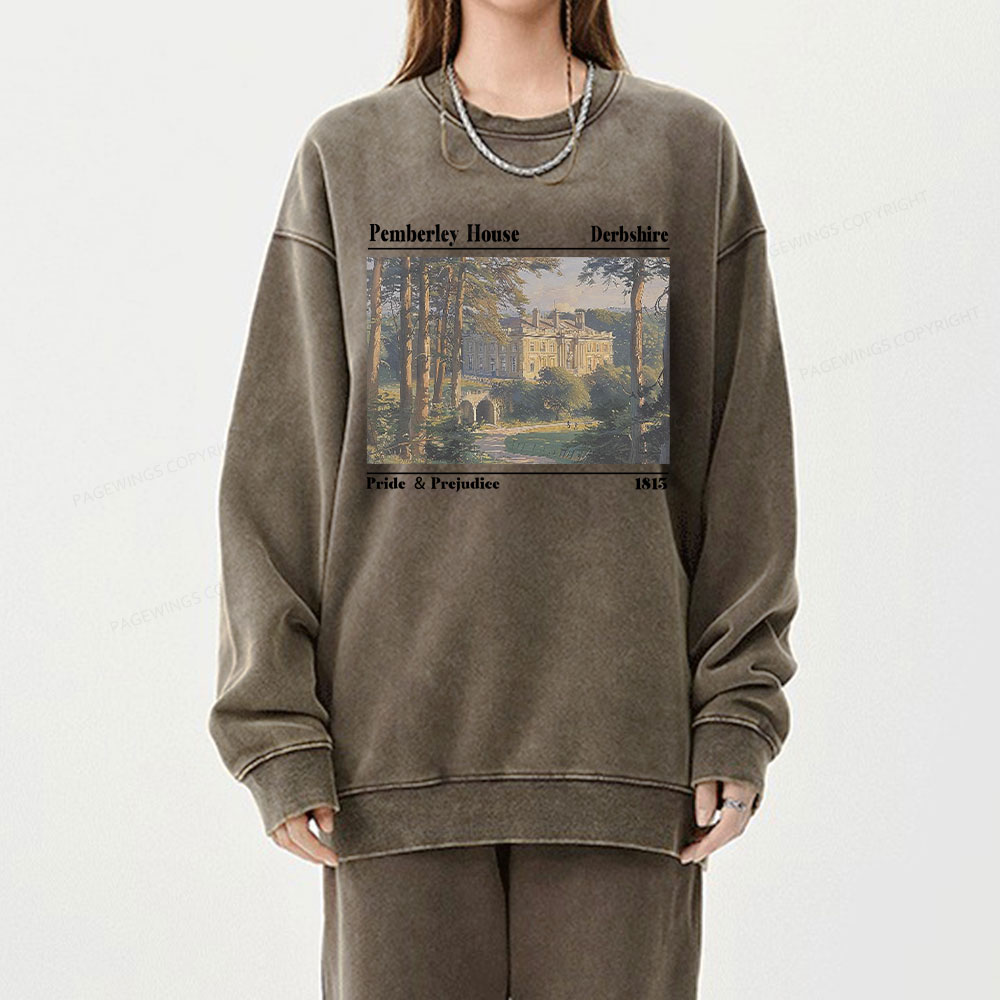 Pagewings Pride and Prejudice Pemberley House Unisex Washed Sweatshirt