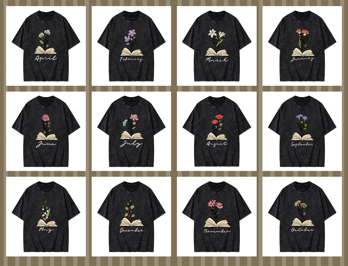 Pagewings Personalized Name Birth Flower Unisex Washed T-shirt